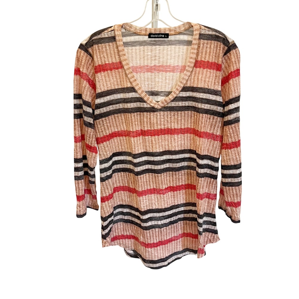 David Cline V-Neck Ribbed Slub Knit Striped Top Tan Red Black Artsy LARGE